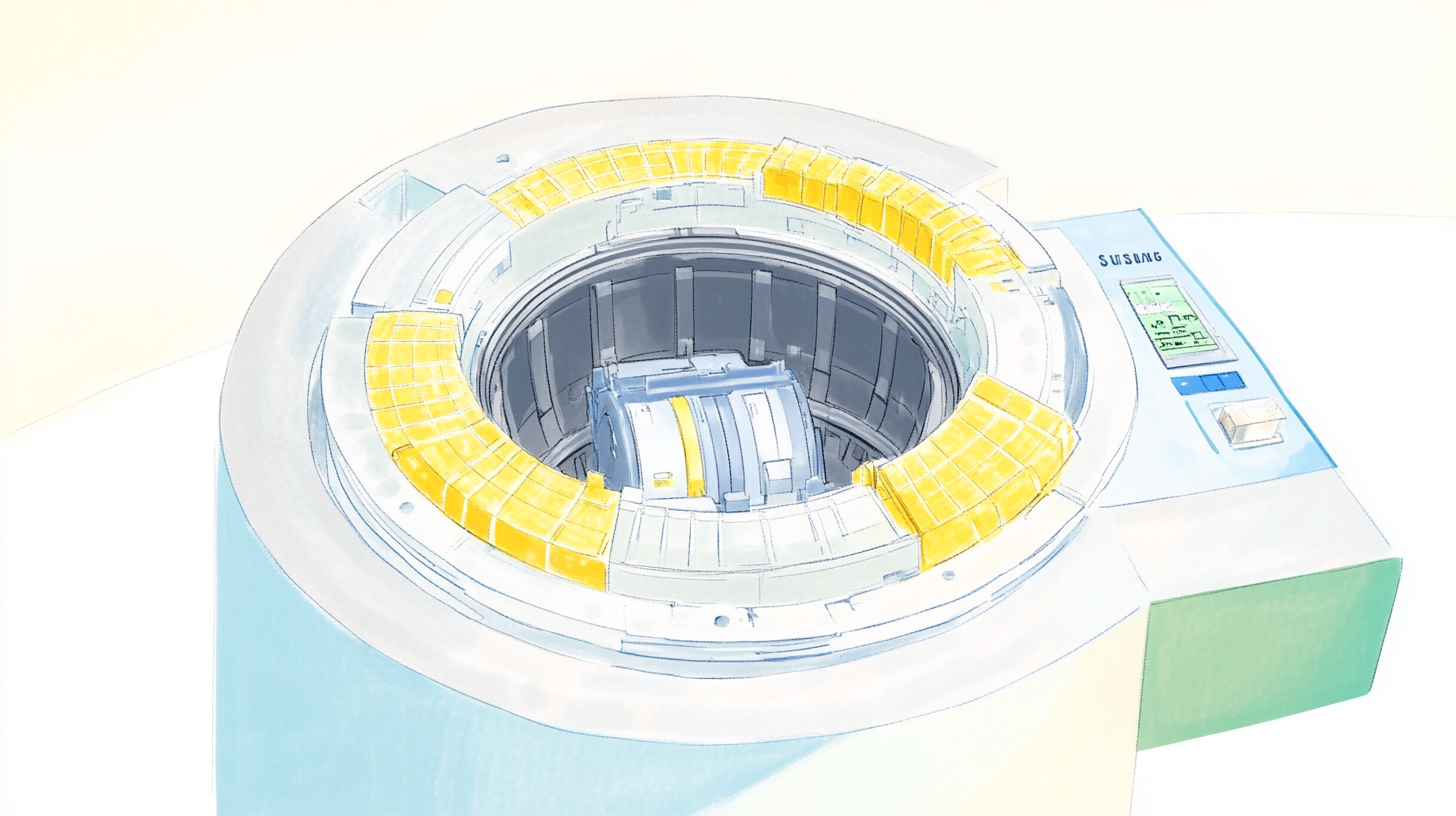 소음이 적고 효율적인 에너지 사용을 보여주는 삼성 WF2117HCVVC의 인버터 모터 내부 구조 이미지입니다.
