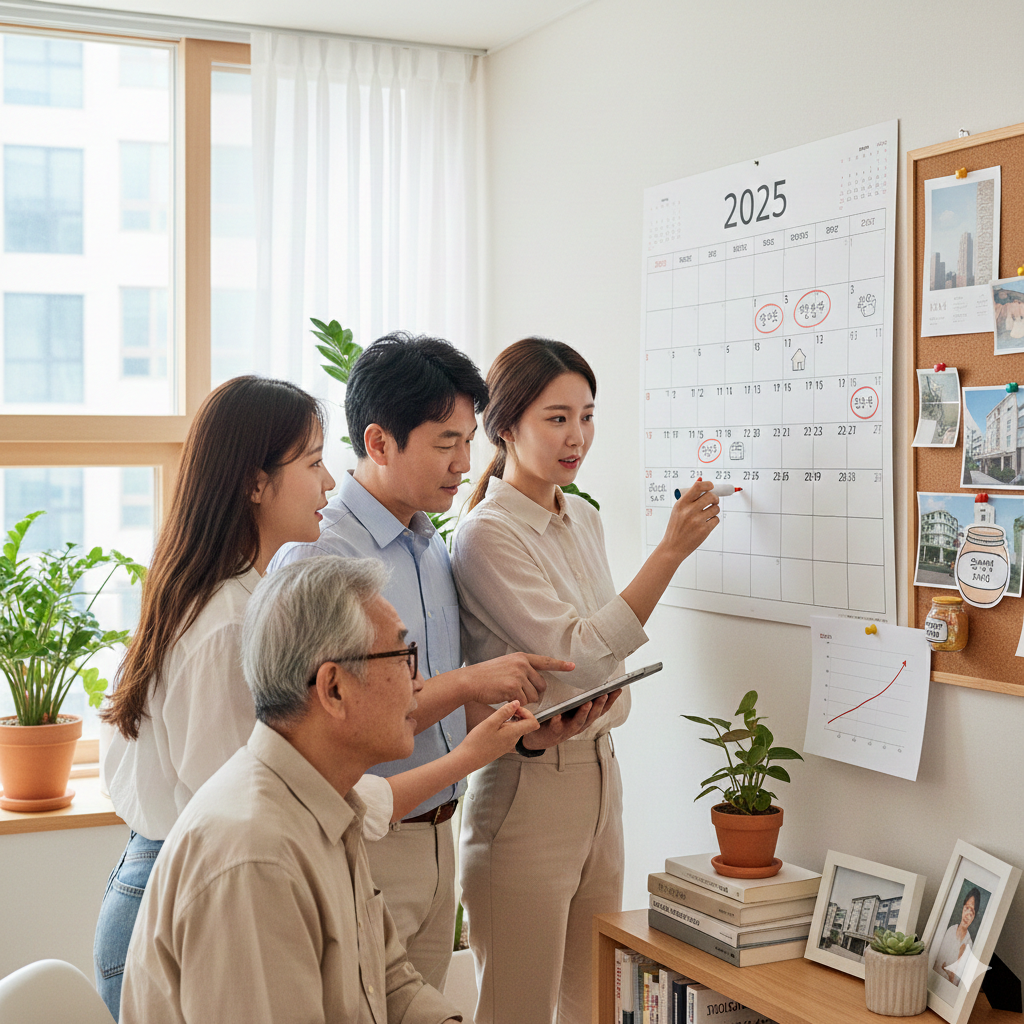 한국 가족(부모, 할아버지, 딸, 아들)이 거실 벽에 걸린 2025년 달력을 보며 함께 목표를 표시하고 대화하는 따뜻한 장면