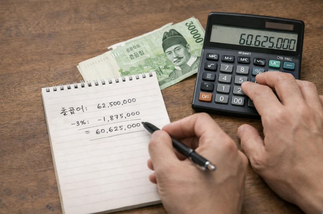 임플란트 의료비 세액공제를 계산하기 위해 계산기와 메모지를 놓고 금액을 정리하는 모습