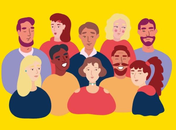 다양한 인종과 성별의 사람들이 함께 웃고 있는 일러스트 이미지