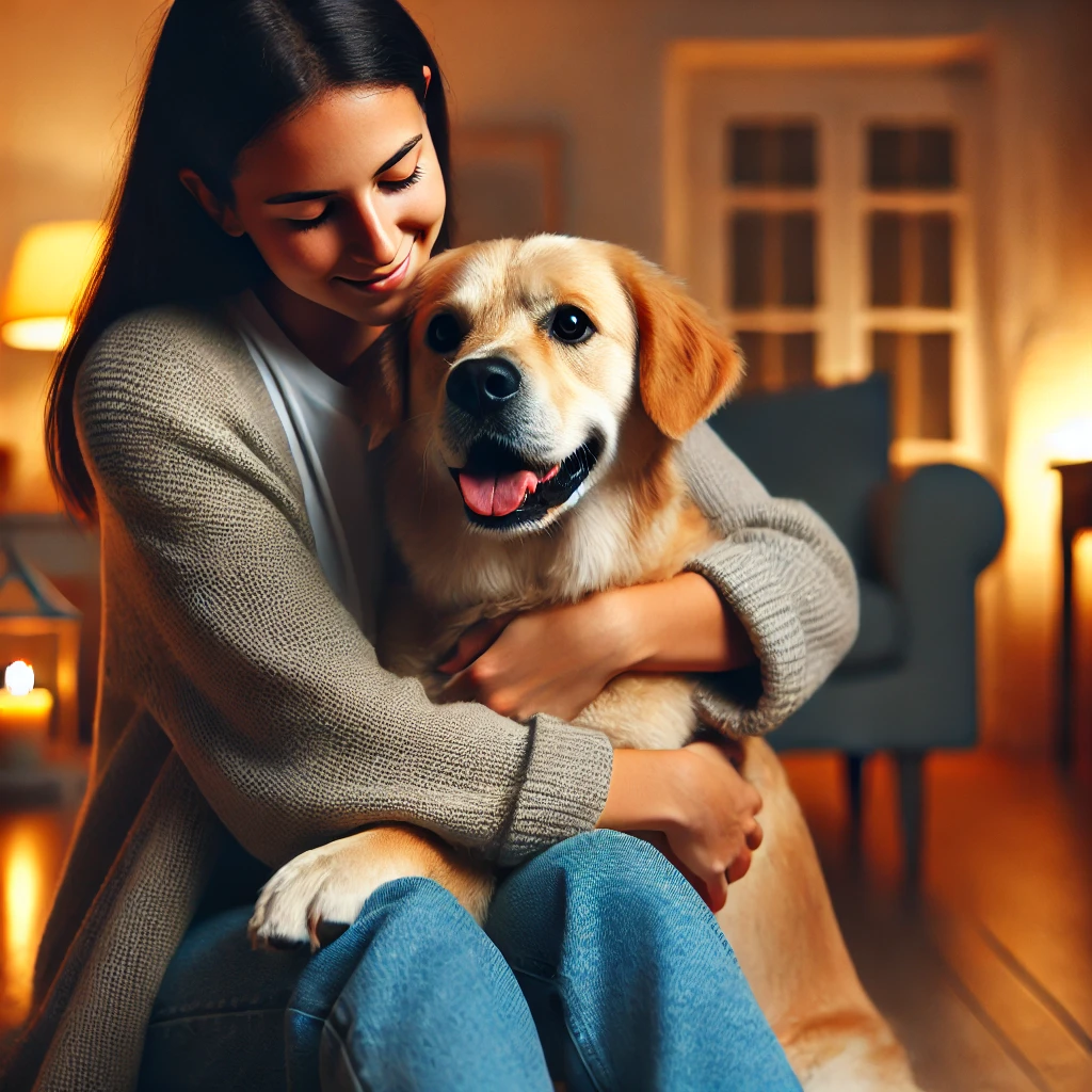 반려견을 포옹하는 보호자 &ndash; 집에서 반려견을 따뜻하게 안아주는 보호자의 모습&amp;#44; 편안하고 사랑스러운 분위기