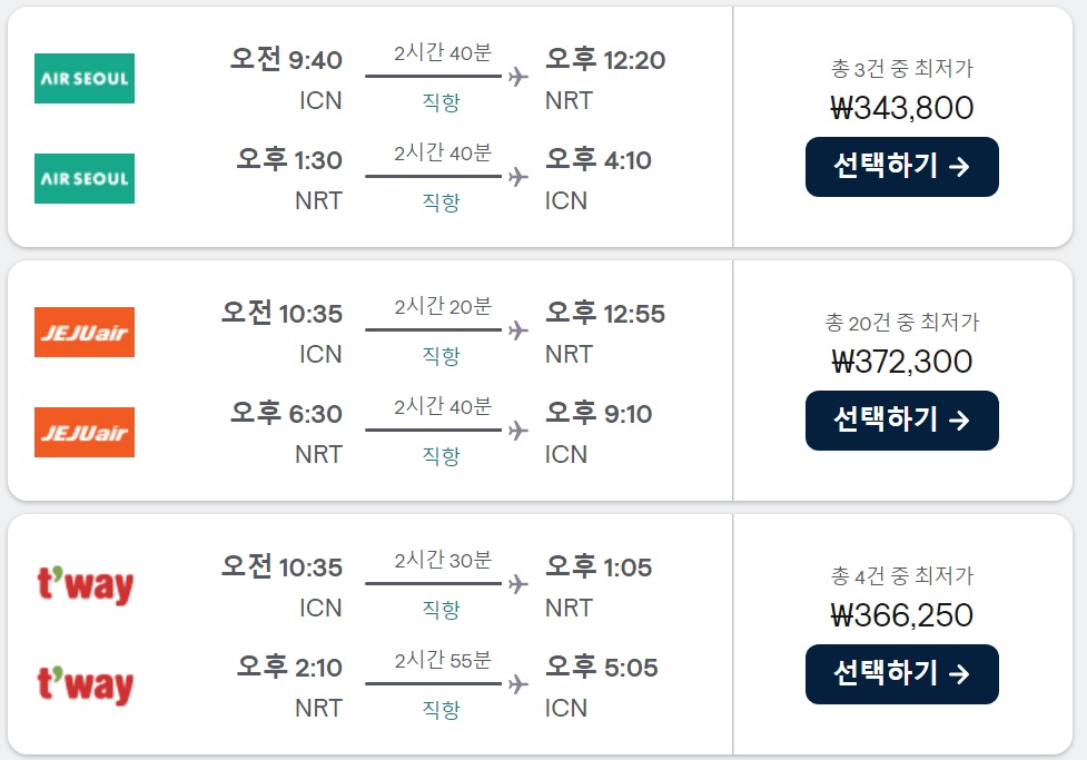 도쿄 항공권 사이트 비교(2)