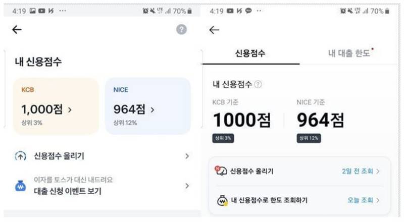 카카오페이, 토스 신용점수표 2개