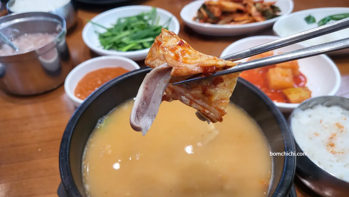 젓가락으로 건더기 내장과 김치를 함께 잡고 있는 사진