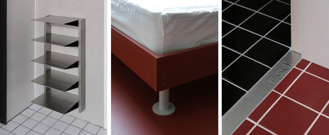 MMK 기숙사의 디테일한 가구와 마감, 스테인리스 선반, 붉은색 프레임 침대, 컬러 대비가 돋보이는 타일 바닥