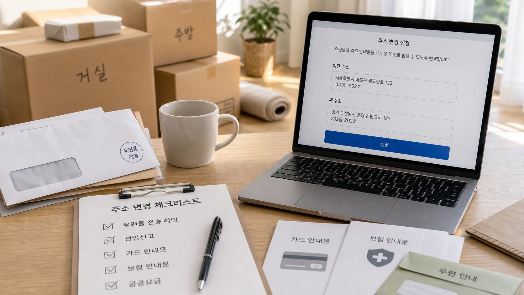 이사 상자 옆에서 우편물 전송과 전입신고 서류를 확인하는 장면
