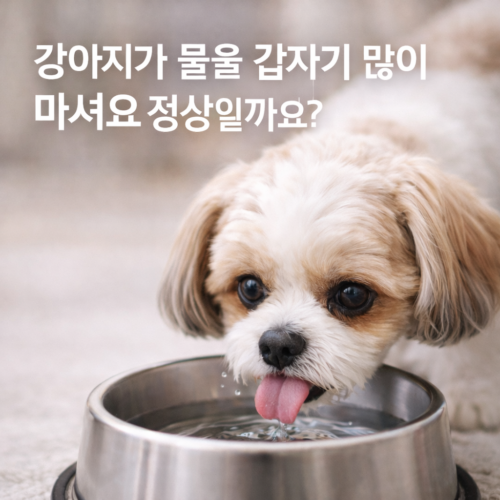 강아지가 물을 그릇에서 많이 마시는 모습, 갑작스러운 음수량 증가가 정상인지 궁금해 하는 상황