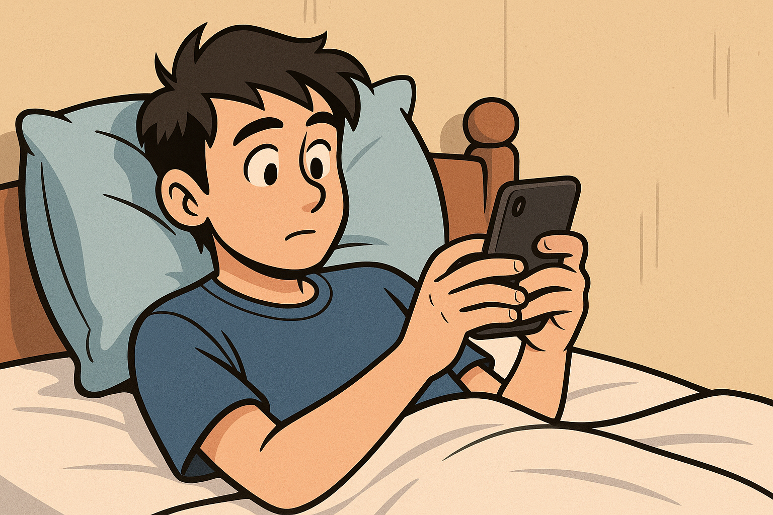 자기전 침대에 누워서 스마트폰 보는 남성