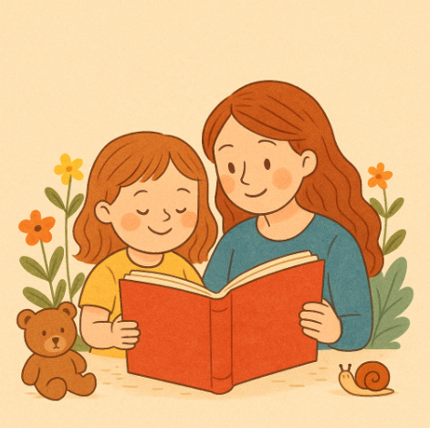 엄마와 동화책을 보고 있는 아이의 모습