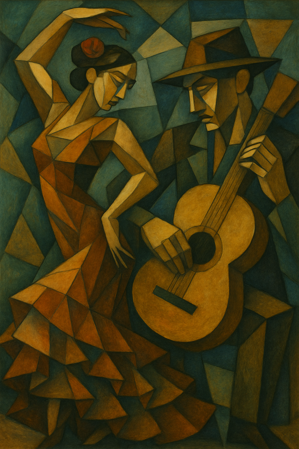플라멘코 춤추는 여성과 기타, 파블로 피카소 스타일, 큐비즘, 기하학적 형태 분해
