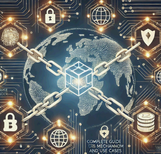전 세계 지도 위에 중앙의 큐브 블록이 사슬로 연결되어 있고, 주변에는 자물쇠, 지구본, 쉴드, 지문, 암호화폐 등 블록체인과 보안 관련 아이콘들이 배치된 디지털 테마 일러스트..