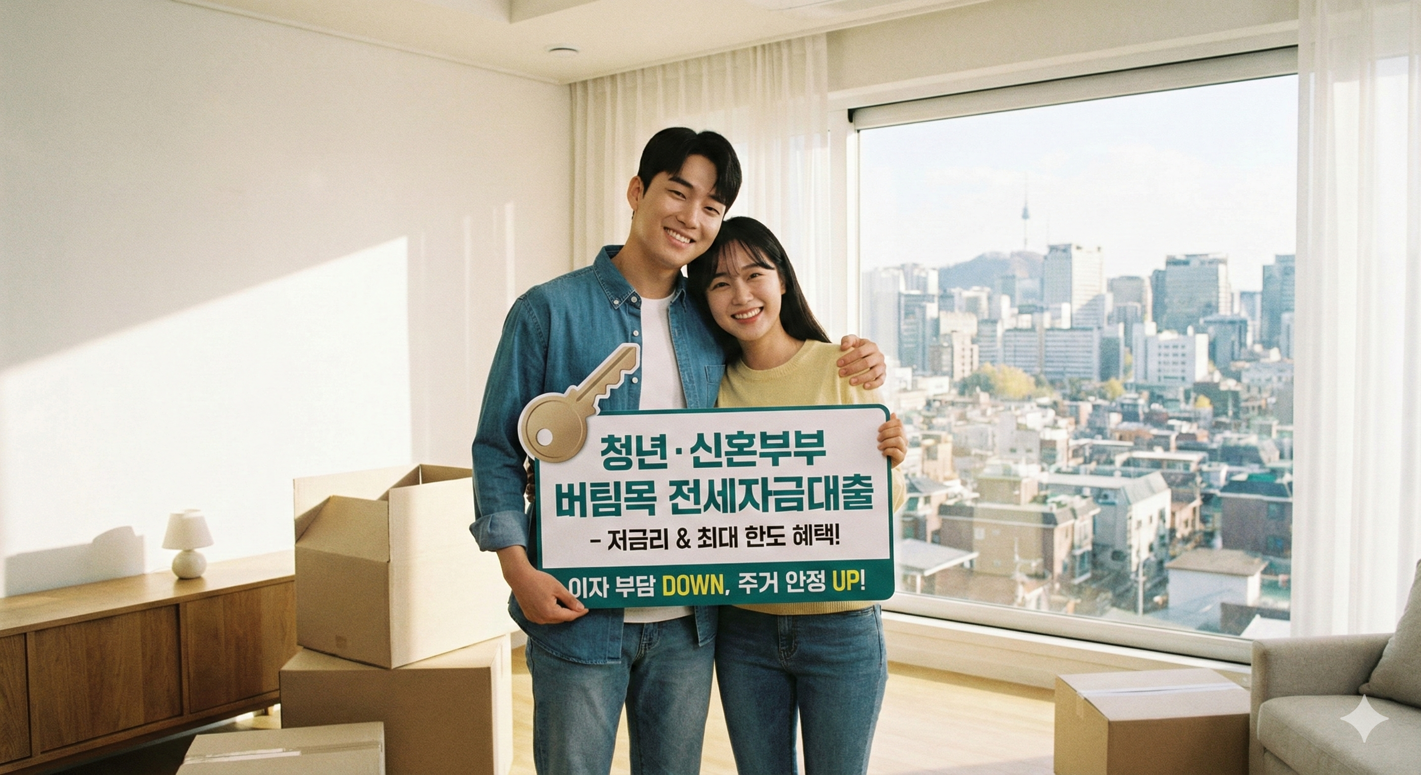 청년 및 신혼부부 전용 버팀목 전세자금대출 혜택을 강조하는 이미지