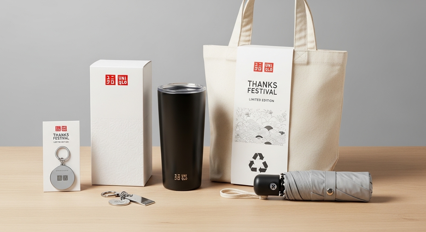 유니클로 감사제의 다양한 사은품이 나열되어 있는 모습