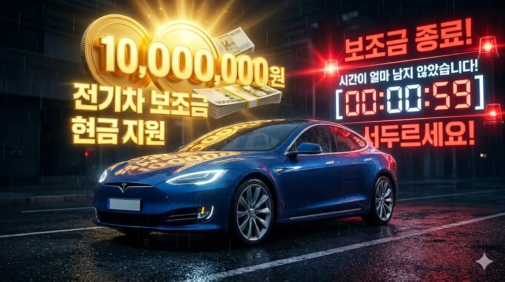 2026년 지역별 전기차 보조금 1000만 원 선착순 소진 마감 경고와 혜택을 상징하는 전기차 현금 이미지