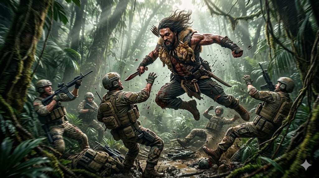 크레이븐 더 헌터 주인공이 정글 지형에서 중무장한 용병들을 상대로 함정을 파고 기습적인 육탄전을 벌이는 역동적인 액션 장면