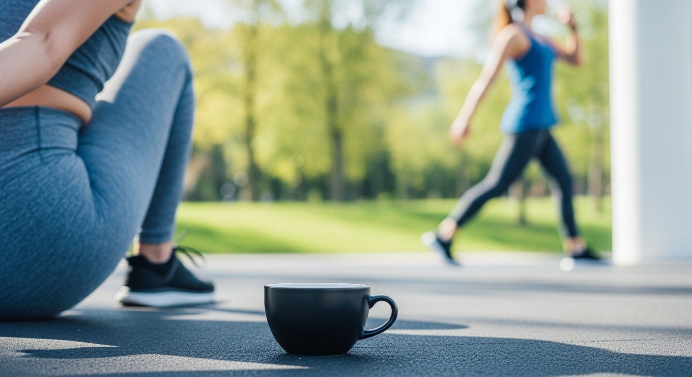 운동복을 입은 사람이 스트레칭하는 모습과 앞에 놓인 블랙커피 한 잔. 운동 전 커피 섭취의 활력을 상징합니다.