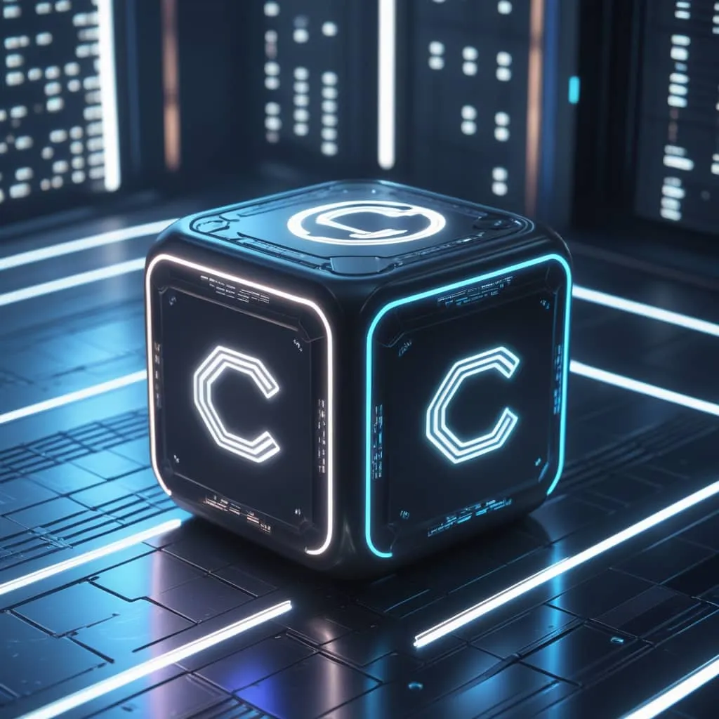 크로노스코인의 블록체인을 미래적 네온 블루 스타일의 블록으로 나타낸 이미지.