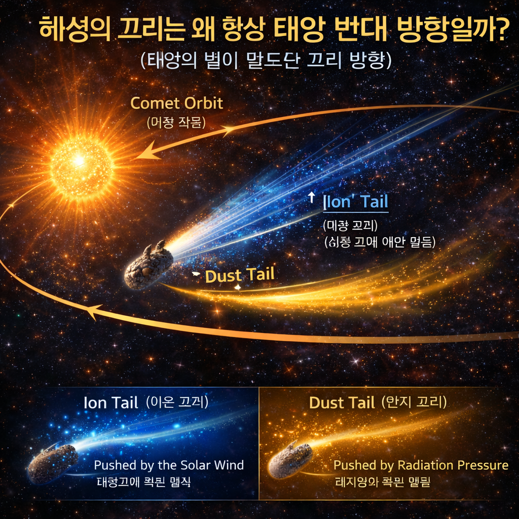 혜성의 꼬리는 왜 항상 태양 반대 방향일까 태양풍이 만든 놀라운 원리