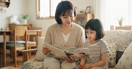 딸이 엄마 옆에서 그림책 보는 모습