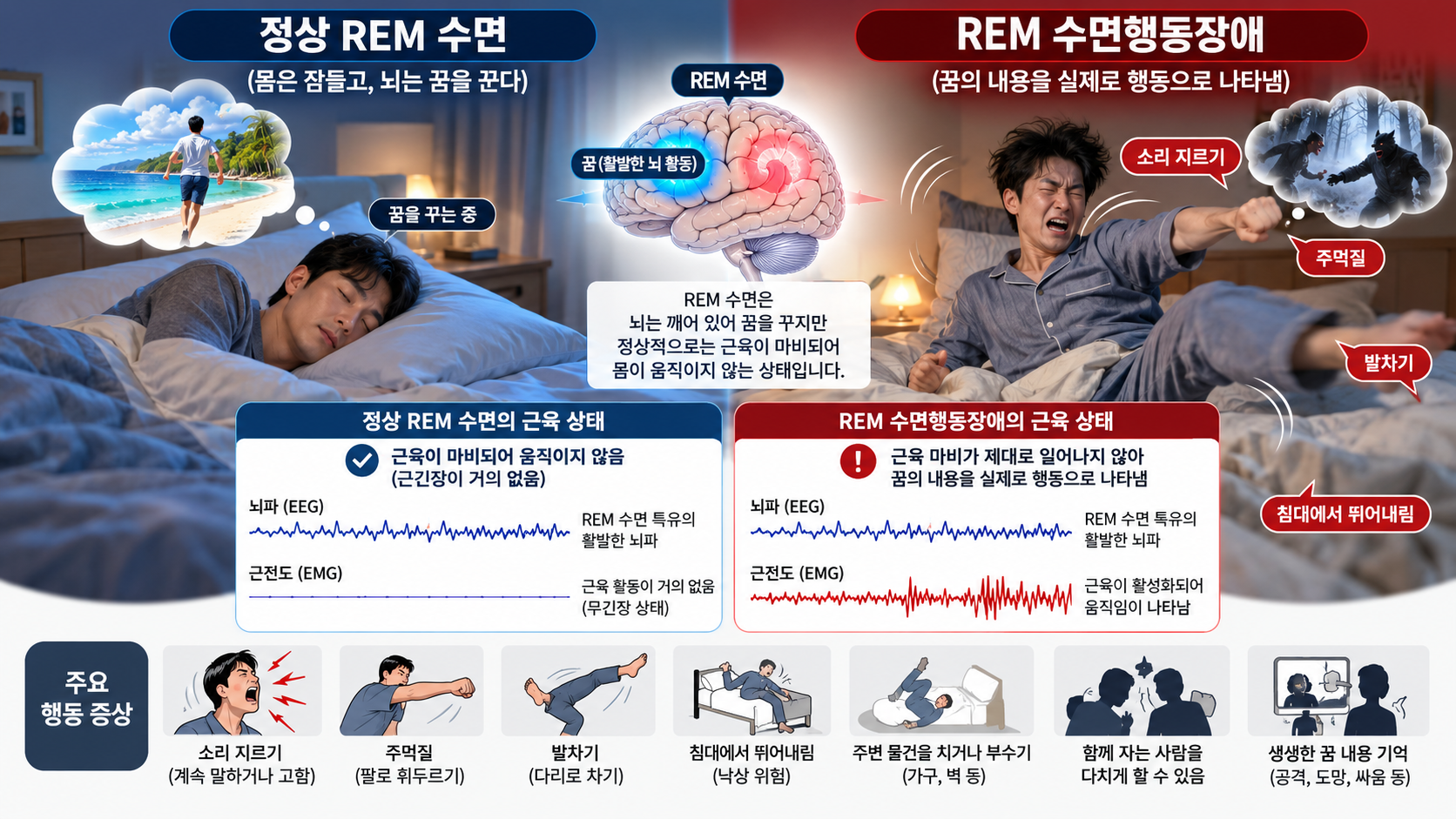 정상 REM 수면과 렘수면행동장애에서 나타나는 꿈 행동화 비교