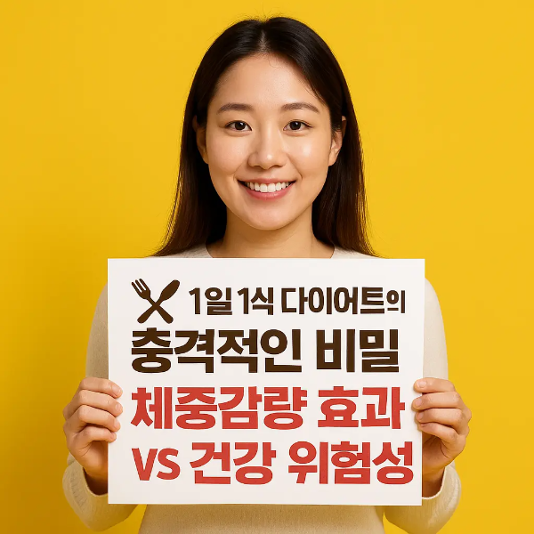 1일 1식 다이어트의 충격적인 비밀 문구가 적힌 안내판을 들고 미소 짓고 있는 한국인 여성의 이미지