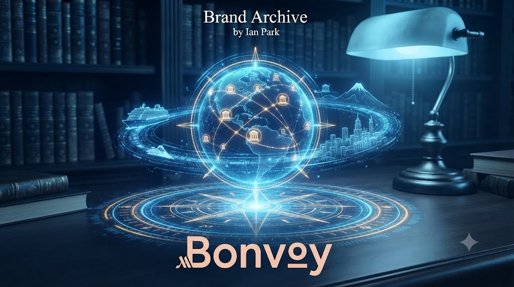 메리어트의 통합 로열티 프로그램 'Marriott Bonvoy'를 상징하는 디지털 플랫폼 이미지입니다. 거대한 원형의 로열티 포인트 코인이 회전하고 있고, 그 주위로 전 세계의 다양한 호텔(리츠칼튼의 고풍스러움, W호텔의 현대적 조명) 이미지들이 디지털 데이터 스트림으로 연결되어 앱 화면 속에 구현됩니다. 코인 하단에는 "Marriott Bonvoy" 로고가 빛나며, 데이터 기반 플랫폼으로 진화하는 메리어트의 현재를 보여줍니다.