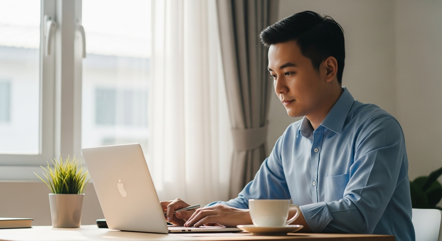 불확실한 시장 속에서도 차분히 뉴스를 읽으며 마음의 균형을 유지하는 현실적인 투자자의 모습