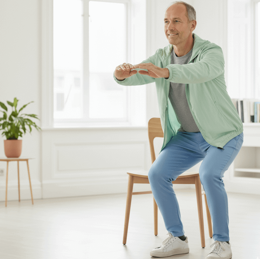 스쿼트, 의자, 남성, 화분, 창문, 거실