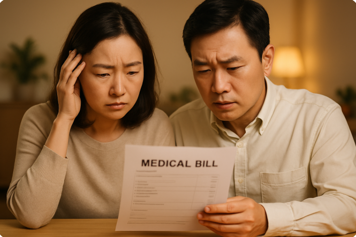 의료비 청구서를 보며 걱정하는 중년 부부의 모습