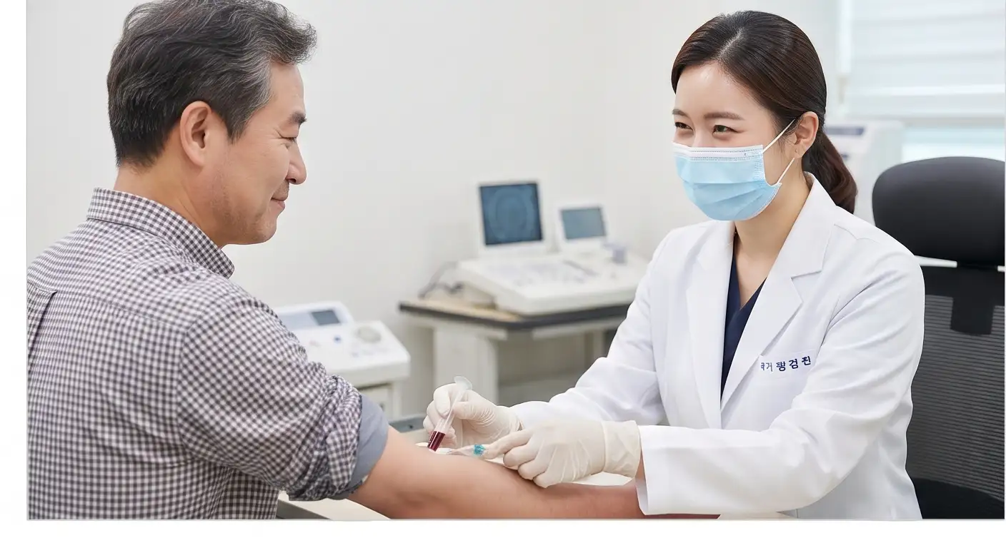 병원에서 마스크를 착용한 의료진이 환자의 팔에 채혈 검사를 진행하고 있는 모습