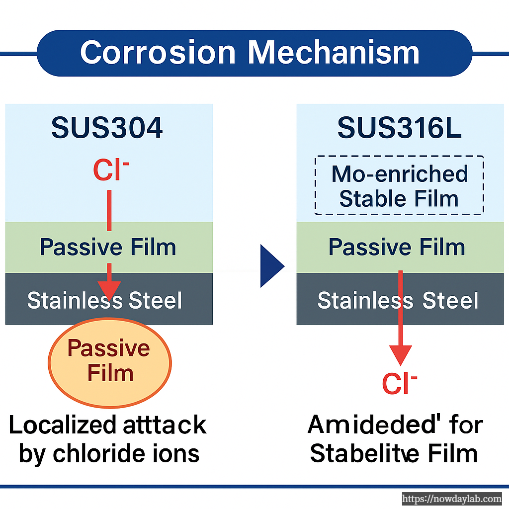 Corrosion mechanism diagram comparing passive film breakdown in SUS304 vs stable Mo-enriched film in SUS316L