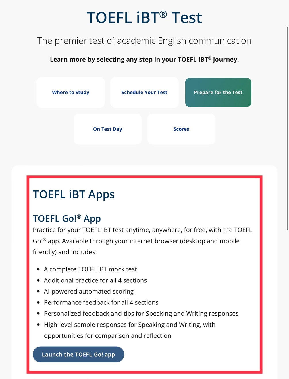 TOEFL Go 페이지로 접속가능한 페이지 사진