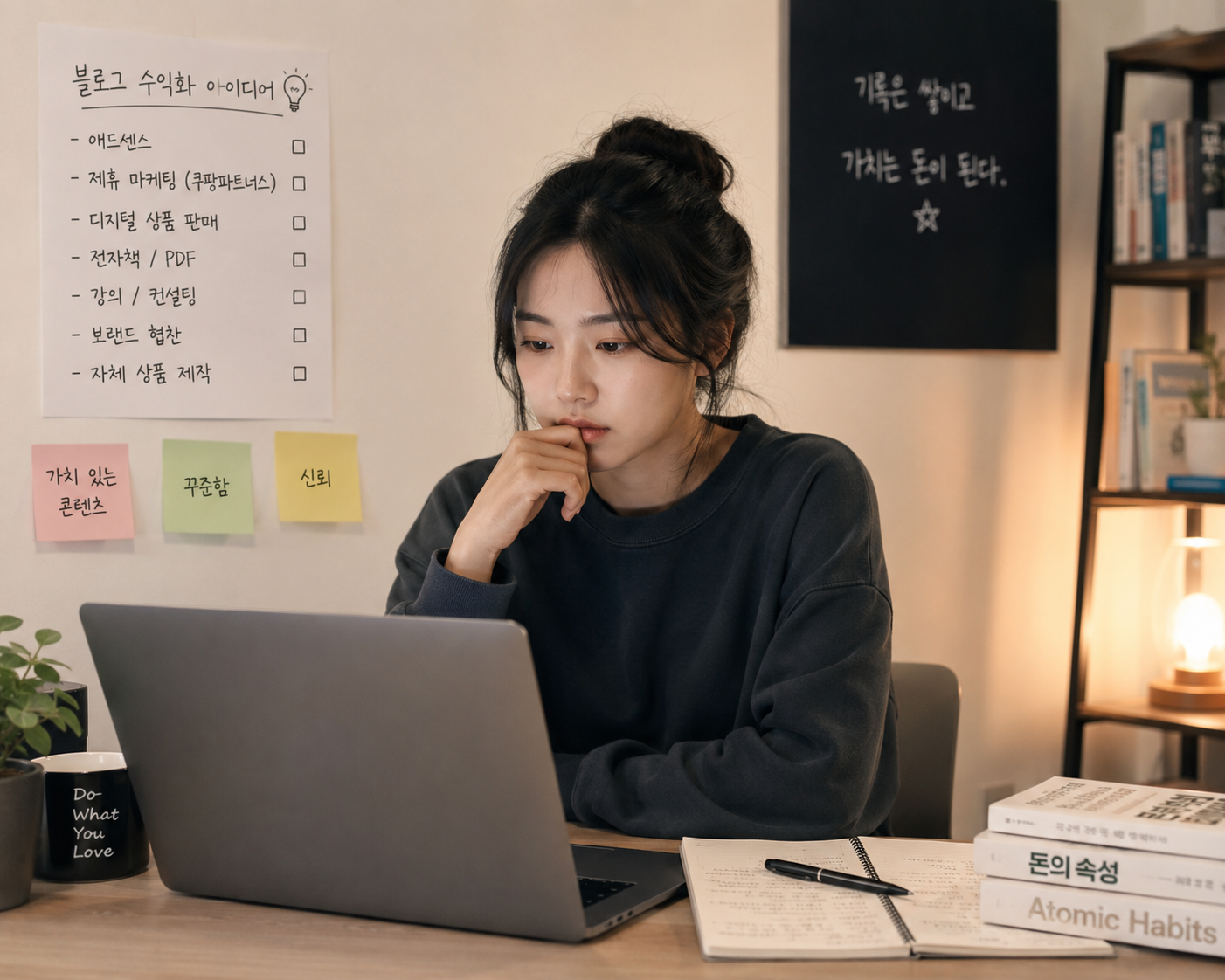 노트북 앞에서 블로그 수익화를 고민하는 모습