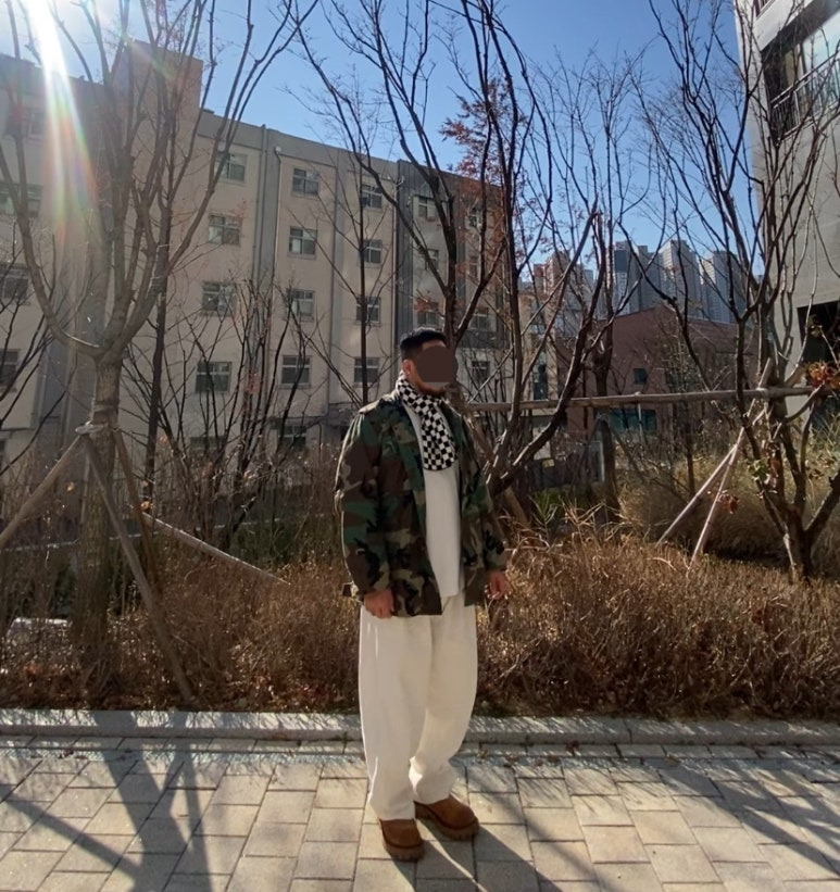 데일리룩('25. 12. 4.)카모 M65 빈티지 밀리터리 미군야상 재킷, 유니클로 와플헨리넥, 무신사스탠다드 벌룬팬츠, 야세 엔지니어부츠 웨스턴부츠, 더매드니스 체커보드 머플러