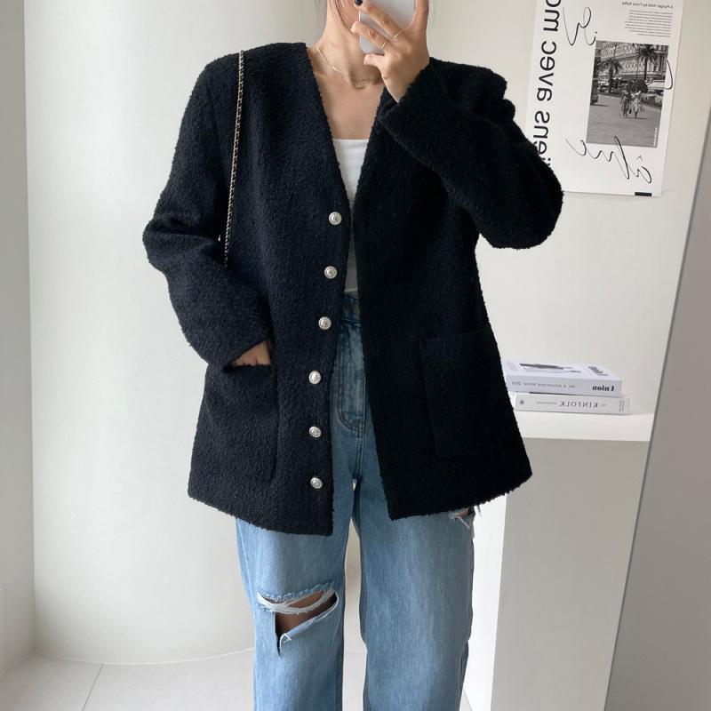 울 트위드자켓 노카라 브이넥 오버핏 재킷 아이보리 블랙