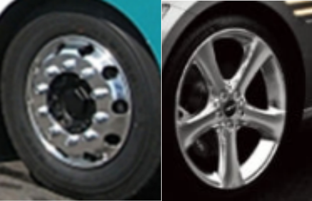 스틸 휠과 알로이 휠의 디자인 차이. 스틸은 원판모양, 알로이는 5스포크의 화려한 모양