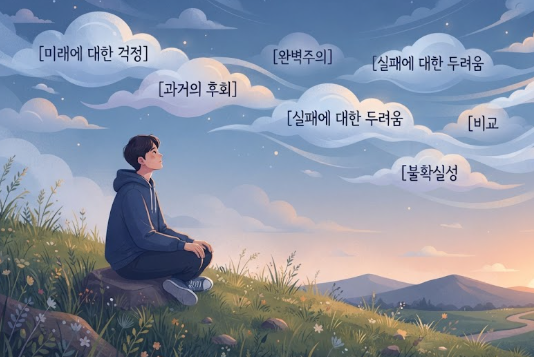 하늘을 스쳐 지나가는 구름처럼 내 생각과 불안을 관찰자의 시선으로 바라보는 이미지