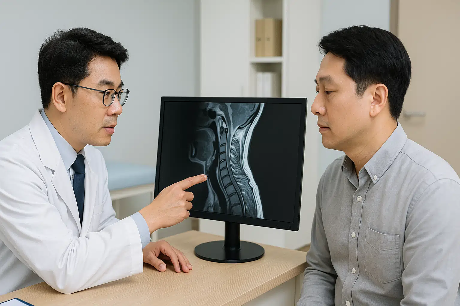 병원 진료실에서 의사가 MRI 목 영상 결과를 환자에게 설명하는 장면