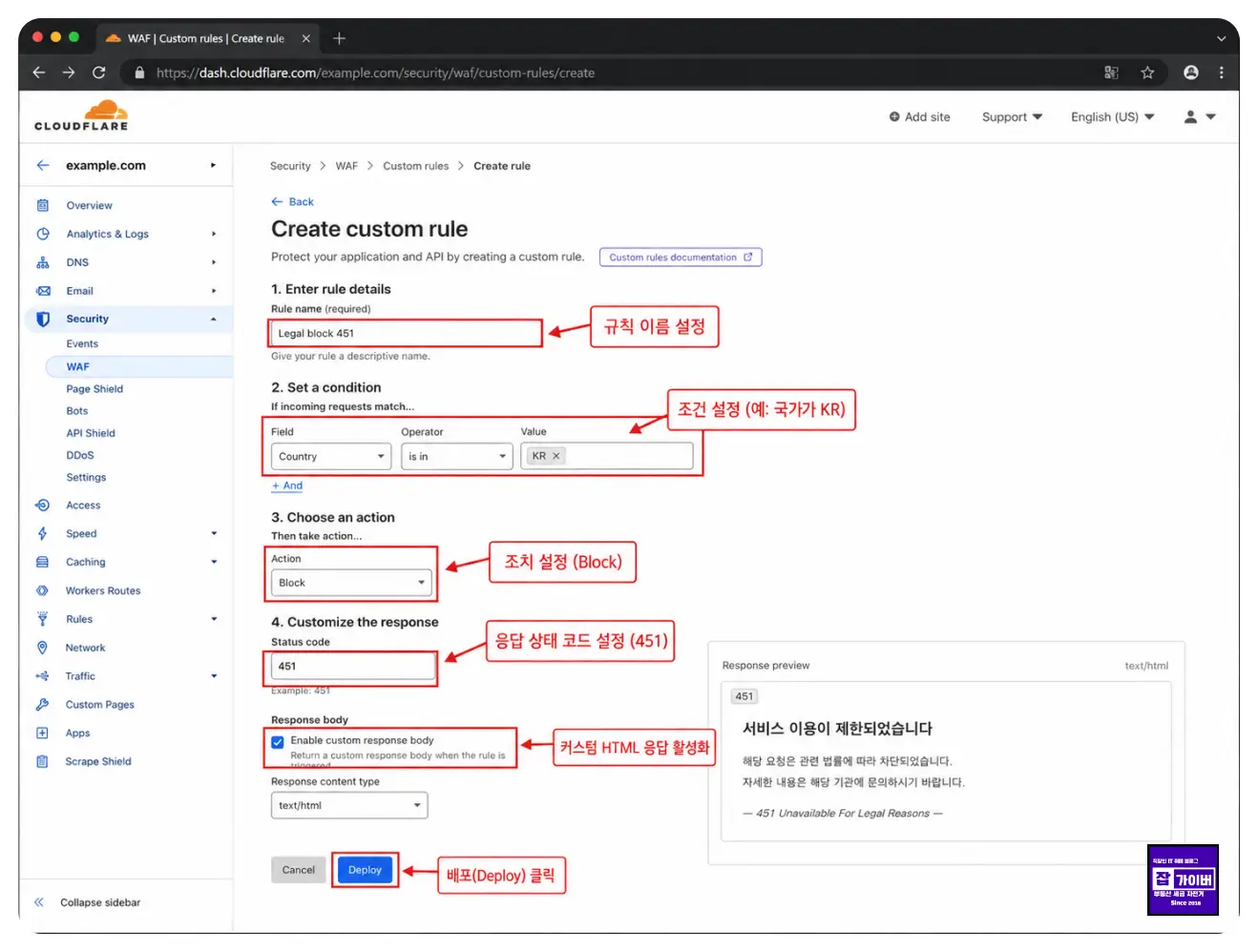 Cloudflare WAF Custom Rules에서 HTTP 451 응답을 설정하는 화면