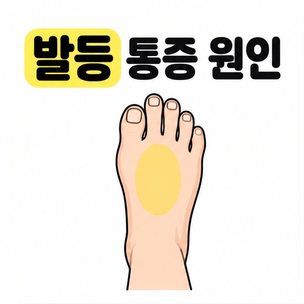 발등 통증 원인 제목 아래 위에서 본 발의 발등 중앙을 노란색 타원으로 표시한 대표 썸네일