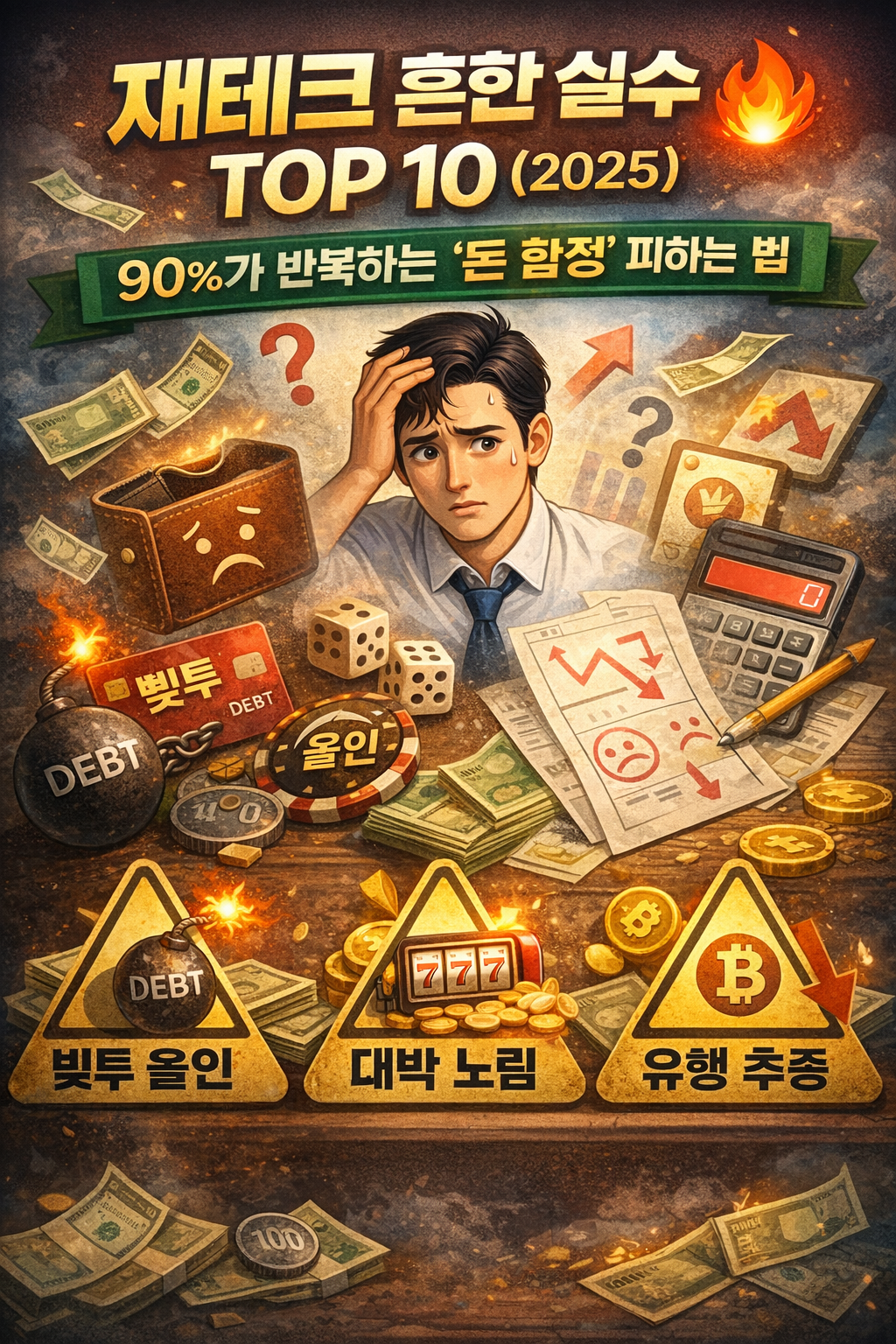 재테크 실수와 투자 함정을 상징적으로 표현한 일러스트로, 고민하는 직장인과 함께 빚투, 올인 투자, 유행 추종 경고 표지판과 하락 차트가 보이는 장면