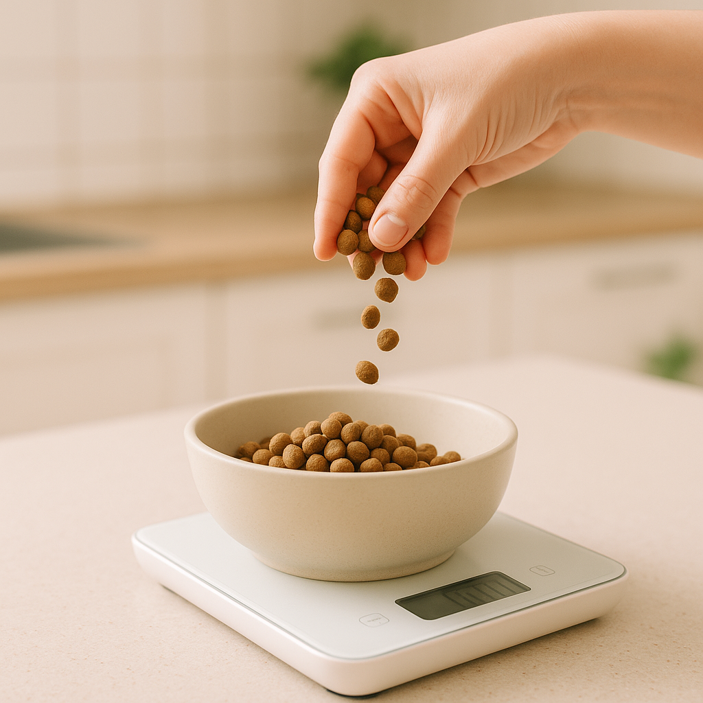 보호자의 손이 주방 저울 위에 놓인 사료 그릇에 정확한 양의 사료를 담아주는 모습
