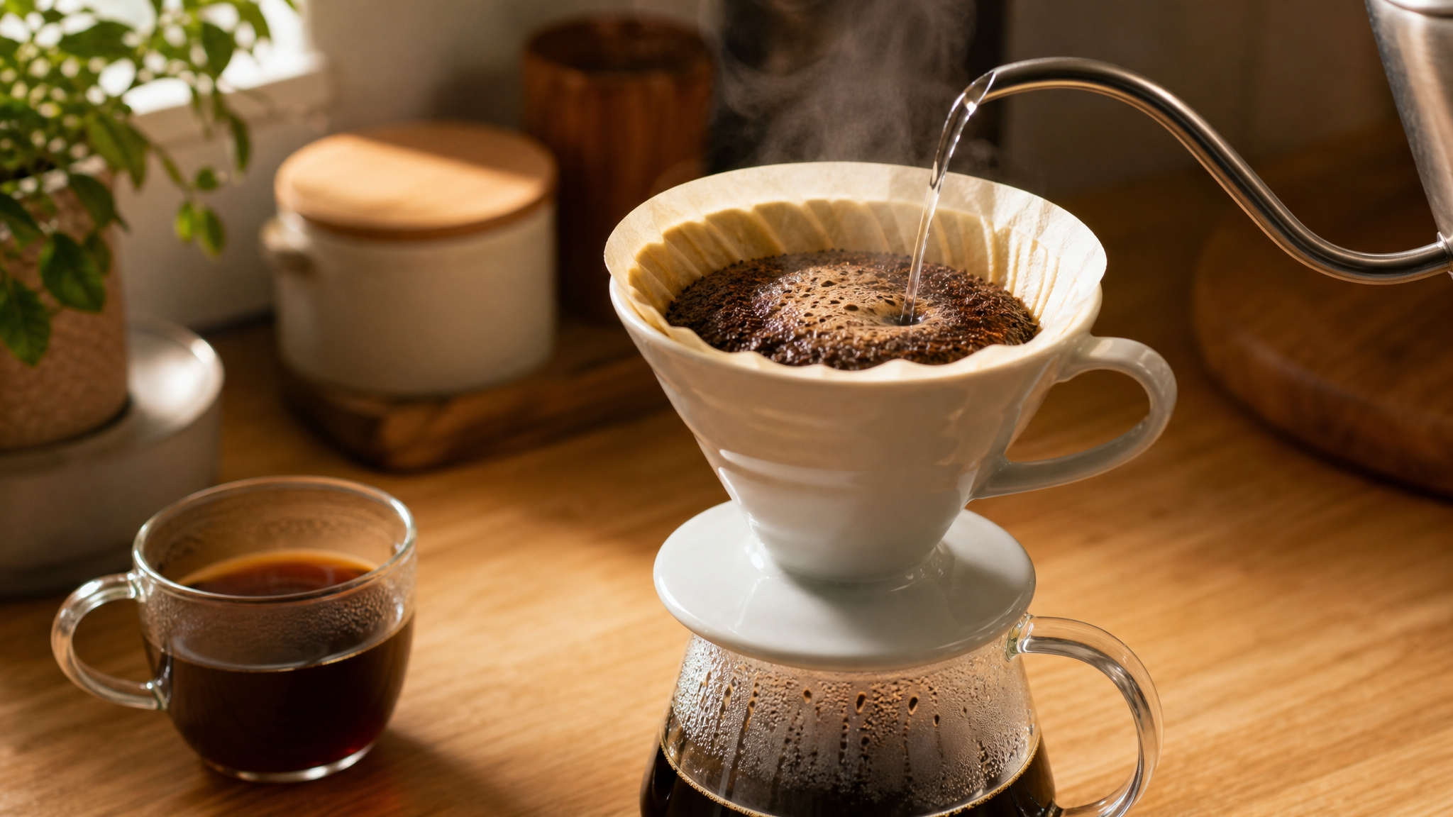하리오 V60 드리퍼에 원두 가루를 담고 물을 부어 핸드드립 커피를 추출하는 모습