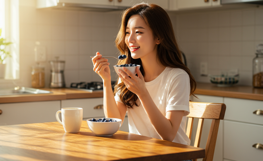 블루베리를 먹고 있는 여성