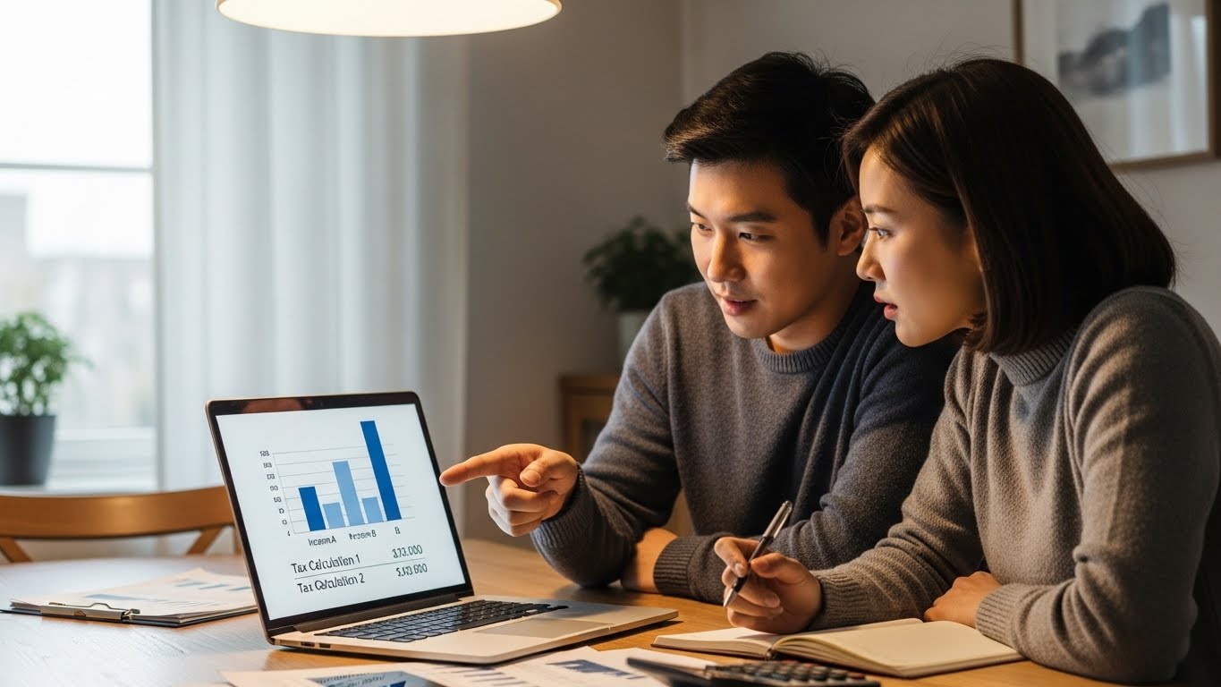 노트북으로 소득과 공제 내역을 비교하며 연말정산 전략을 의논하는 한국 맞벌이 부부