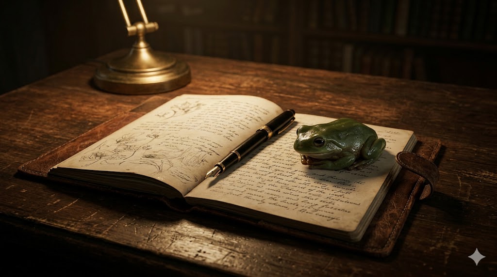 어두운 조명 아래 책상 위에 덩그러니 놓인 다이어리와 만년필 그리고 그 옆에 가만히 웅크리고 있는 작은 청개구리 모형