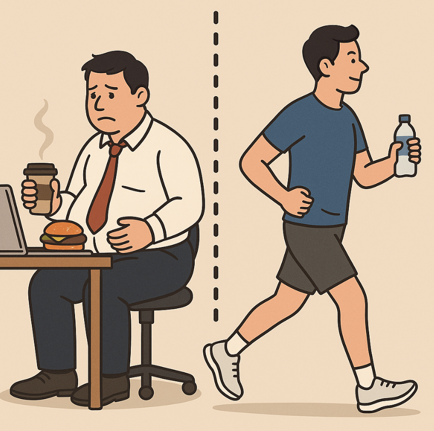 생활습관 변화 전후를 비교하는 중년 남성의 일러스트