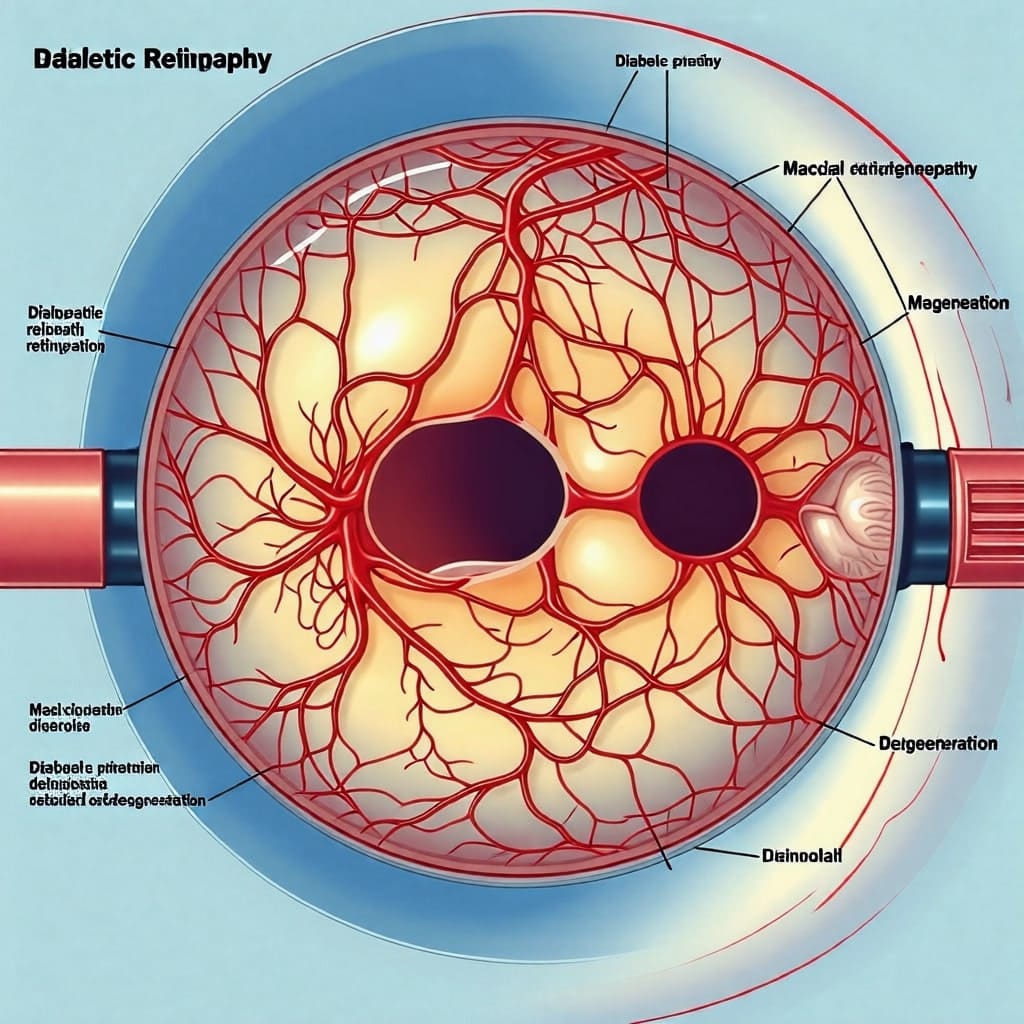 주요 망막 질환(당뇨망막병증, 황반변성 등)의 목록과 설명.