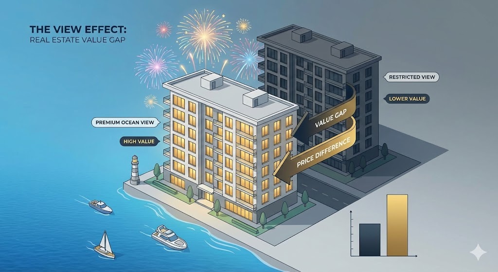 아파트 단지 배치도에 따른 조망권 가격 차이 인포그래픽, 로얄동과 비로얄동 비교