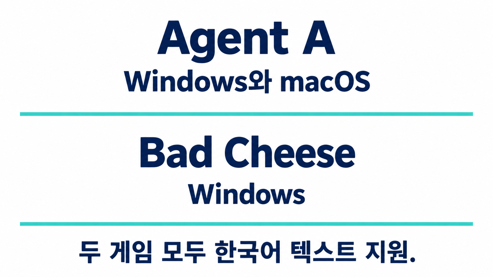 Agent A는 Windows와 macOS, Bad Cheese는 Windows를 지원하며 두 게임 모두 한국어 텍스트를 지원한다는 안내